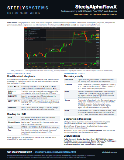 SteelyAlphaFlowX one-page guide, first page