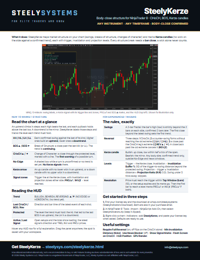 SteelyKerze one-page guide, first page