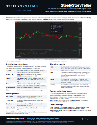 SteelyStoryTeller one-page guide, first page