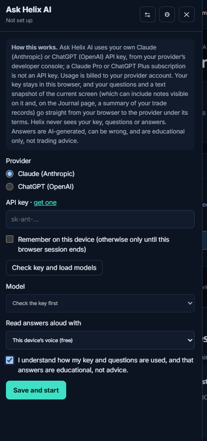 Ask Helix AI setup panel, which uses your own Claude or ChatGPT API key