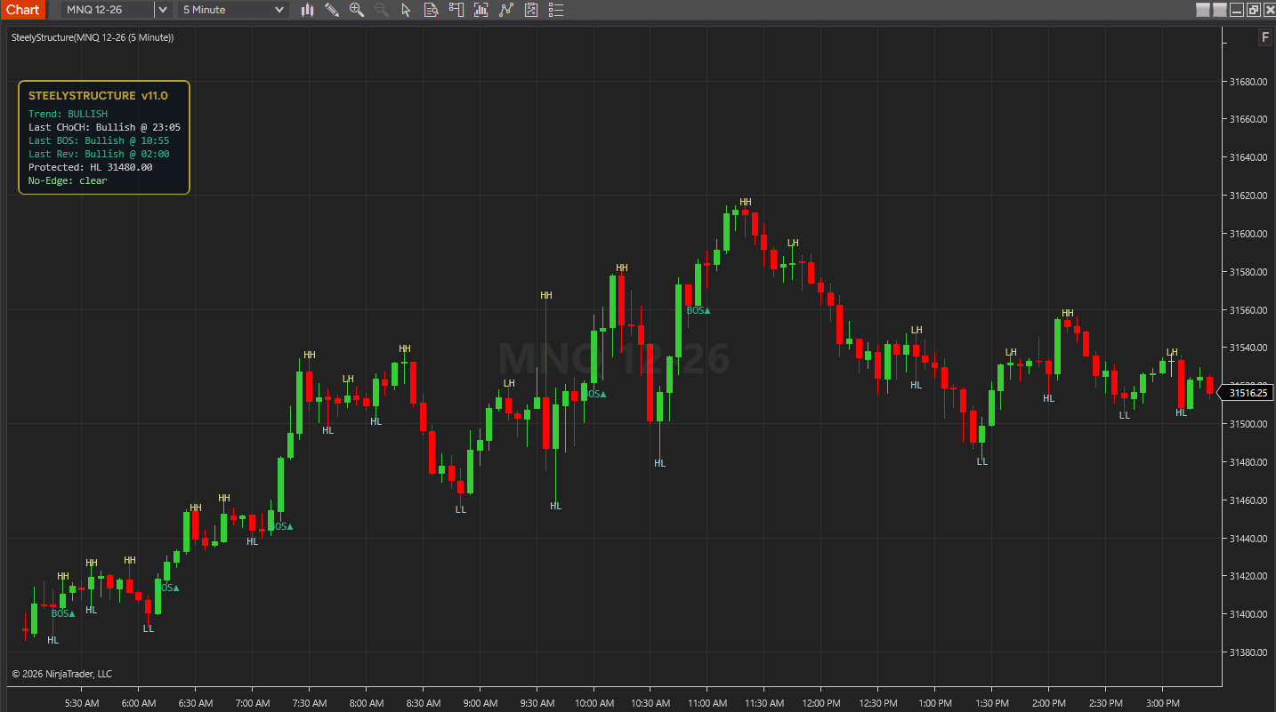 SteelyStructure on a NinjaTrader 8 chart
